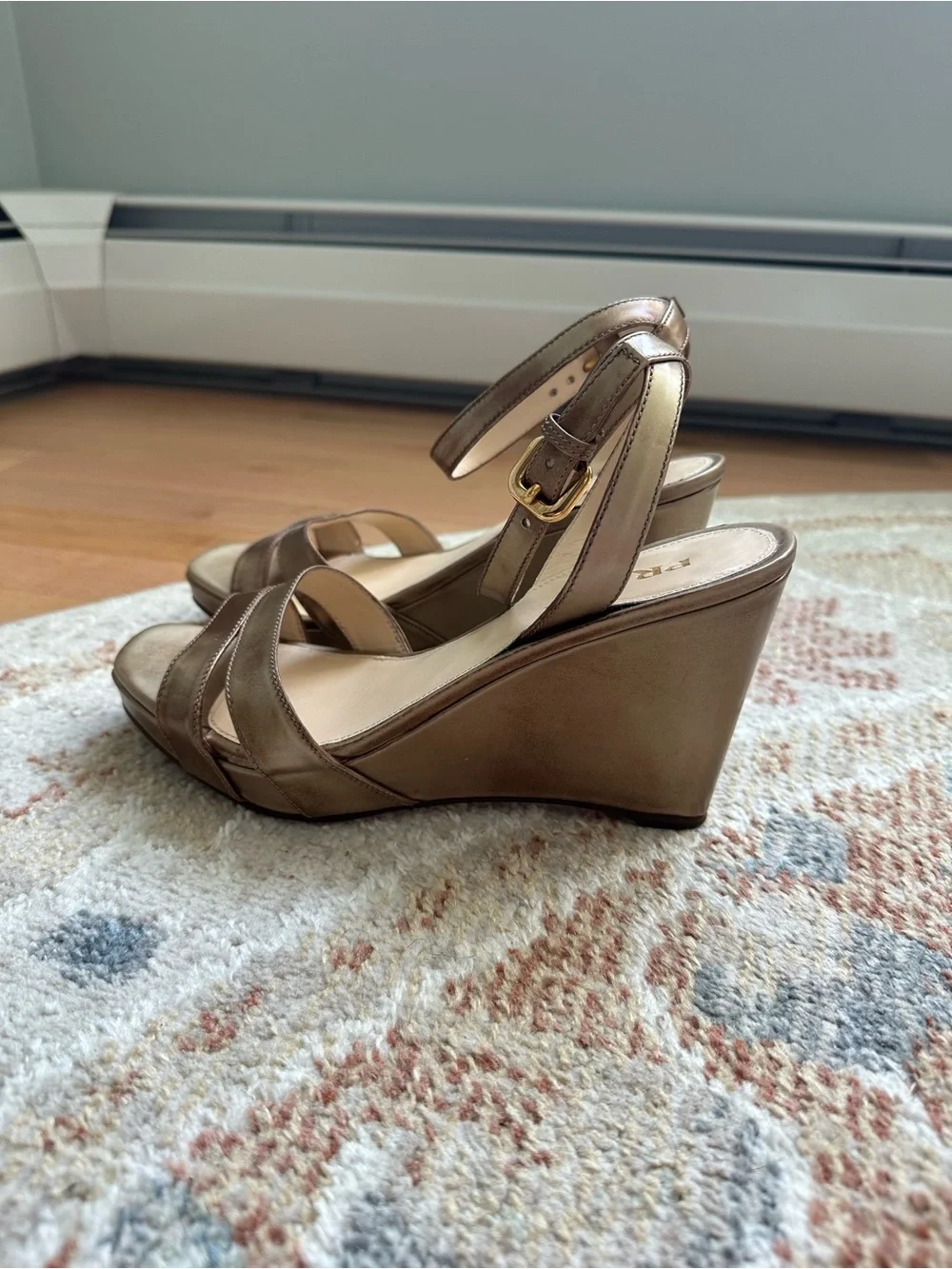Prada Bronze Metallic Wedge Sandals with Ankle Strap